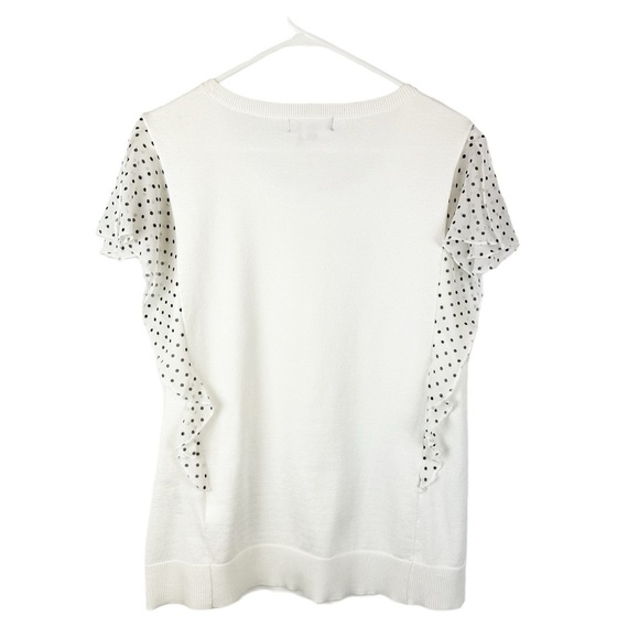 Short Flutter Polka Dot Sleeve Ribbed Hem Mixed Media Lightweight Sweater - Picture 3 of 10